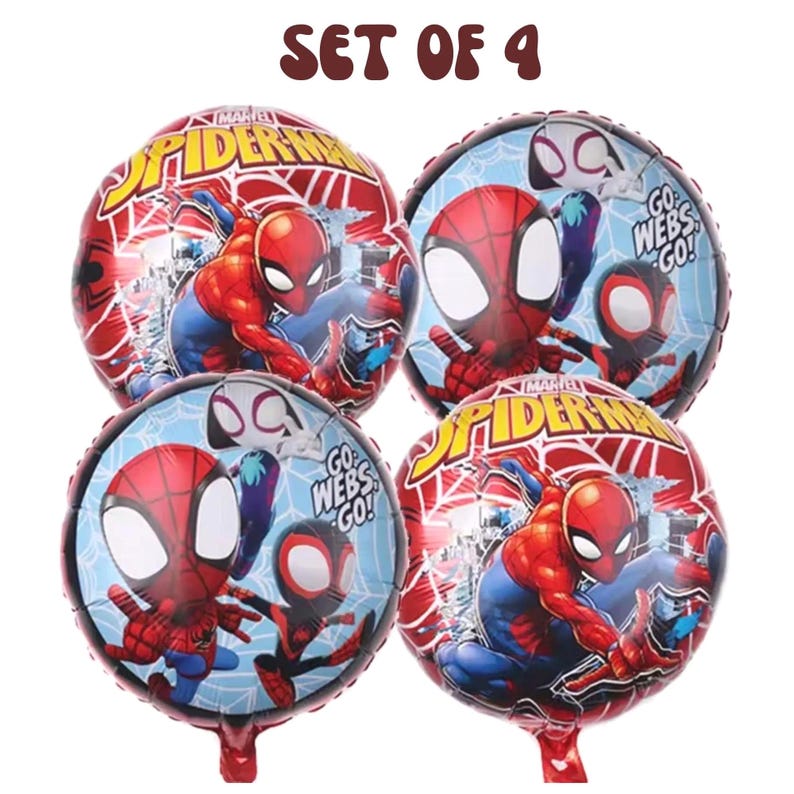 May include: A set of four round foil balloons featuring Marvel Spider-Man graphics. Two balloons show Spider-Man in a red and blue suit with web patterns. Two balloons feature cartoon characters with the text GO WEBS GO. The text SET OF 4 is visible.