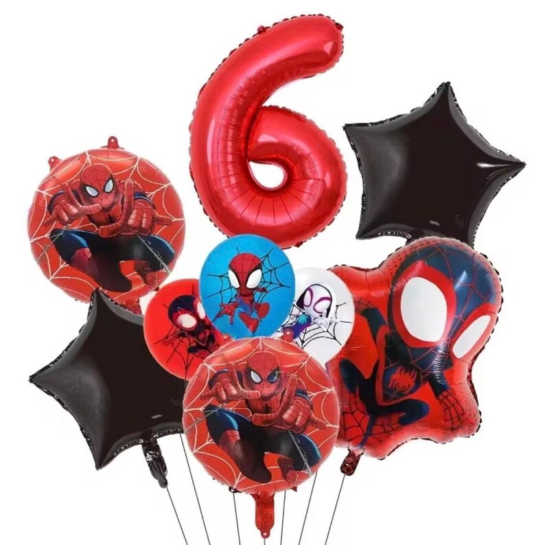 Spider Man Birthday Balloons Set, Spidey and His Amazing Friends Party Decorations, Custom Red Number Foil Balloon 1st 2nd 3rd 4th 5th 9th 9pcs / No. Balloon 6