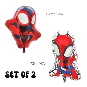 May include: A set of two foil balloons featuring a red and black superhero character design. One balloon measures 71cm by 58cm, and the other measures 72cm by 47cm. The balloons display large white eyes and a spider web pattern on a red and blue background.