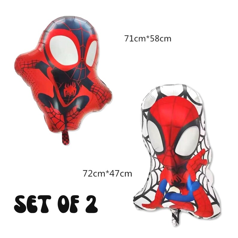 May include: A set of two foil balloons featuring a red and black superhero character design. One balloon measures 71cm by 58cm, and the other measures 72cm by 47cm. The balloons display large white eyes and a spider web pattern on a red and blue background.