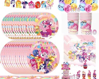 Bomboniere per la festa di compleanno di My Little Pony, decorazione per la torta, palloncini, sfondo, tovaglia, invito per festa a tema per bambine, baby shower