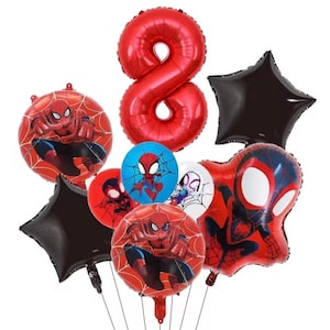 May include: A collection of foil balloons featuring a large red number eight, two black star-shaped balloons, and several round and shaped balloons decorated with red and blue Spider-Man character graphics, spider web patterns, and white accents.