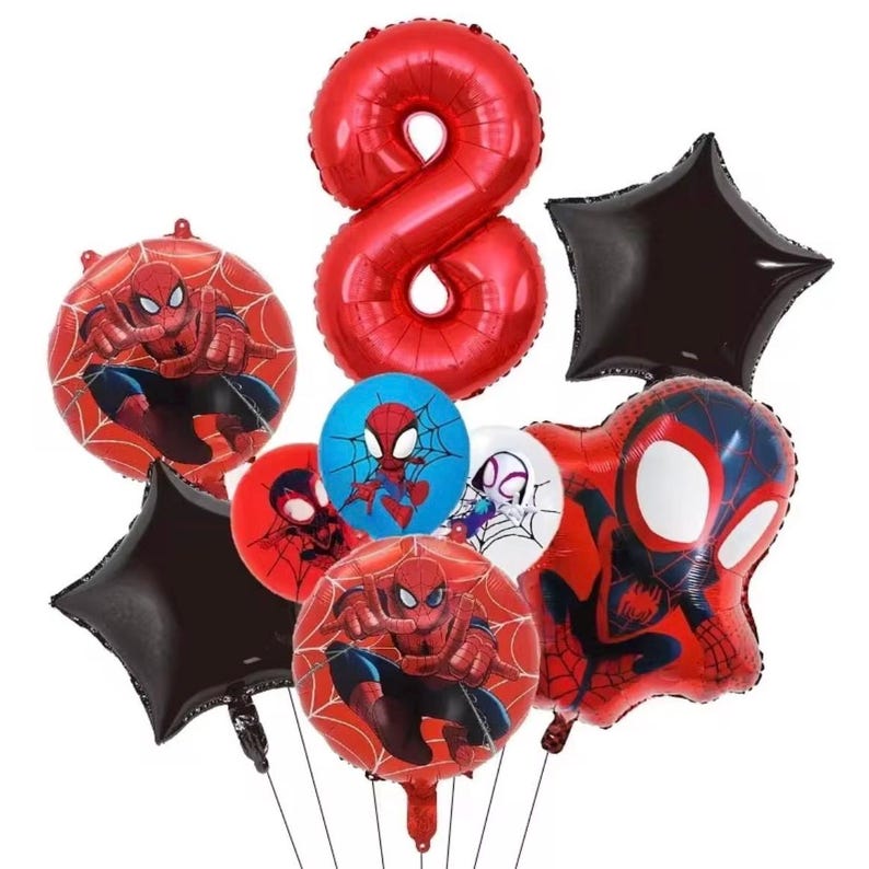 May include: A collection of foil balloons featuring a large red number eight, two black star-shaped balloons, and several round and shaped balloons decorated with red and blue Spider-Man character graphics, spider web patterns, and white accents.