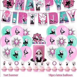 Pu&ograve; includere: Un set di decorazioni per compleanno con uno striscione HAPPY BIRTHDAY, 18 palloncini in lattice rosa, bianchi e turchesi con grafiche di ragnatele, un grande topper per torta e 12 topper per cupcake con disegni di personaggi.