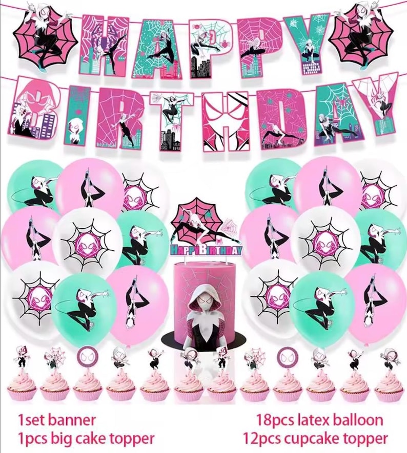 Pu&ograve; includere: Un set di decorazioni per compleanno con uno striscione HAPPY BIRTHDAY, 18 palloncini in lattice rosa, bianchi e turchesi con grafiche di ragnatele, un grande topper per torta e 12 topper per cupcake con disegni di personaggi.
