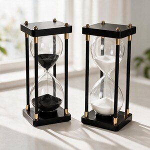 Puede incluir: Dos relojes de arena con marcos de madera negra y detalles en metal dorado. Un reloj contiene arena negra fina, mientras que el otro contiene arena blanca fina. Ambos tienen bulbos de vidrio transparente entre bases cuadradas.