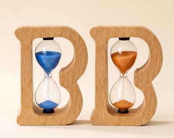 Letter B Wooden Hourglass, Mini Sand Timer, Desk Decor, Office Accent, Blue Sand (3-Minute)