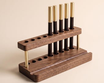 Walnuss Holz Stifthalter & Telefonständer | Minimalistischer Schreibtisch Organizer, Messingakzente