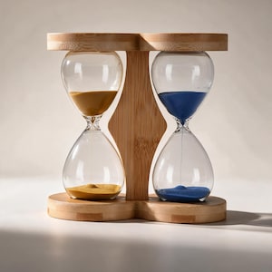 May include: A double hourglass set featuring two clear glass bulbs held within a light-toned bamboo frame. One hourglass contains golden yellow sand, while the other contains deep blue sand, both mounted on a shared circular bamboo base.