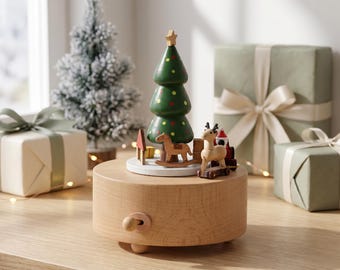 Hölzerne Weihnachtsbaum-Spieluhr, Handkurbel-Urlaubsszenen-Dekor, rustikaler festlicher Regalakzent