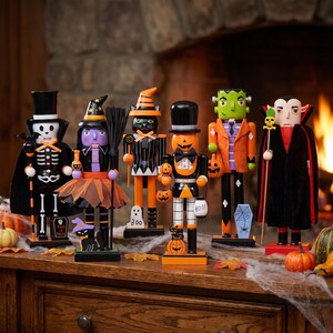 Hand-Painted Wooden Halloween Nutcracker Set, Spooky Skeleton, Witch, Vampire Figurines