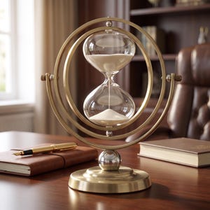 Puede incluir: Un reloj de arena giratorio con un bulbo de vidrio transparente lleno de arena blanca fina, encerrado en un marco de metal dorado cepillado. El marco consta de dos anillos circulares concéntricos montados sobre una base circular con una esfera plateada.
