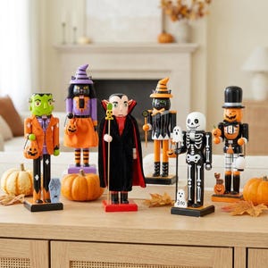 May include: A collection of six Halloween-themed nutcrackers standing on a wooden surface. The figures include a green monster, a cat in a purple hat, a vampire in a black cape, a cat in an orange hat, a skeleton, and a pumpkin-headed figure.