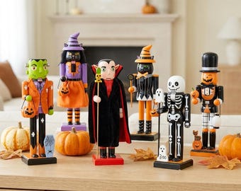 Figura de madera de Cascanueces de Halloween, decoración de chimenea con forma de monstruo pintada a mano, 25 cm (10 pulgadas)