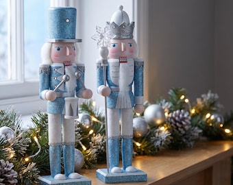 Nussknacker-Paar, blau-silberne Weihnachtsfiguren, König und Trommler, Weihnachtsgeschenk