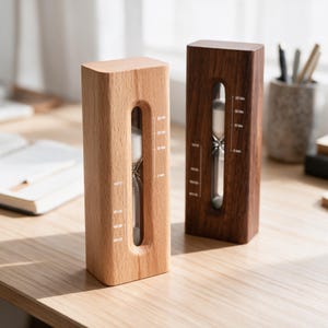 May include: Two rectangular hourglasses with wooden frames, one light-coloured and one dark-coloured. Each features a central glass chamber containing white sand, with vertical time markings printed on the wood next to the glass to indicate duration.