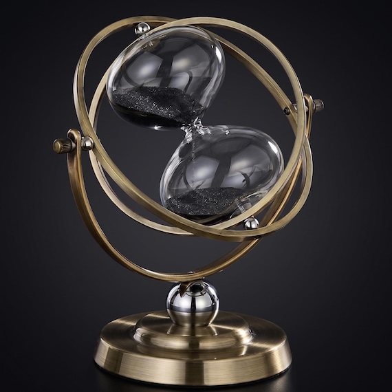 Rotating Brass Hourglass, Black Sand Timer, Armillary Sphere Desk Decor