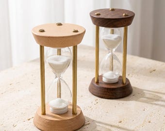 Mini Wooden Hourglass Timer, Beech or Sapele Wood, Brass Columns (3-15 Minute)
