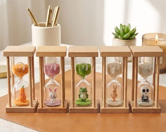 Mini Wooden Hourglass Sand Timer, 3 Minute Cartoon Desk Decor, Kids Room Accent