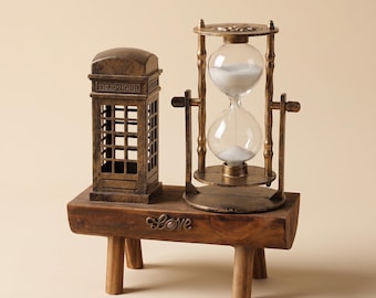 Vintage-Telefonzellen-Sanduhr, Sanduhr mit Holzsockel, europäische Schreibtischdekoration