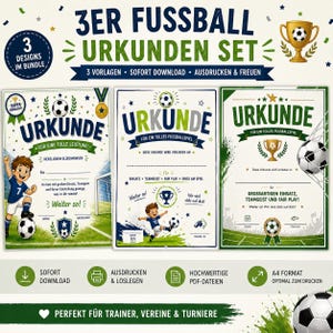 Könnte beinhalten: Ein Set aus drei Fußball-Auszeichnungen in Grün und Blau. Die Urkunden zeigen Fußbälle, Trophäen und Illustrationen von Kindern, die Fußball spielen. Der Text enthält "3 Designs in Bundle" und "Fußball-Urkundenset".