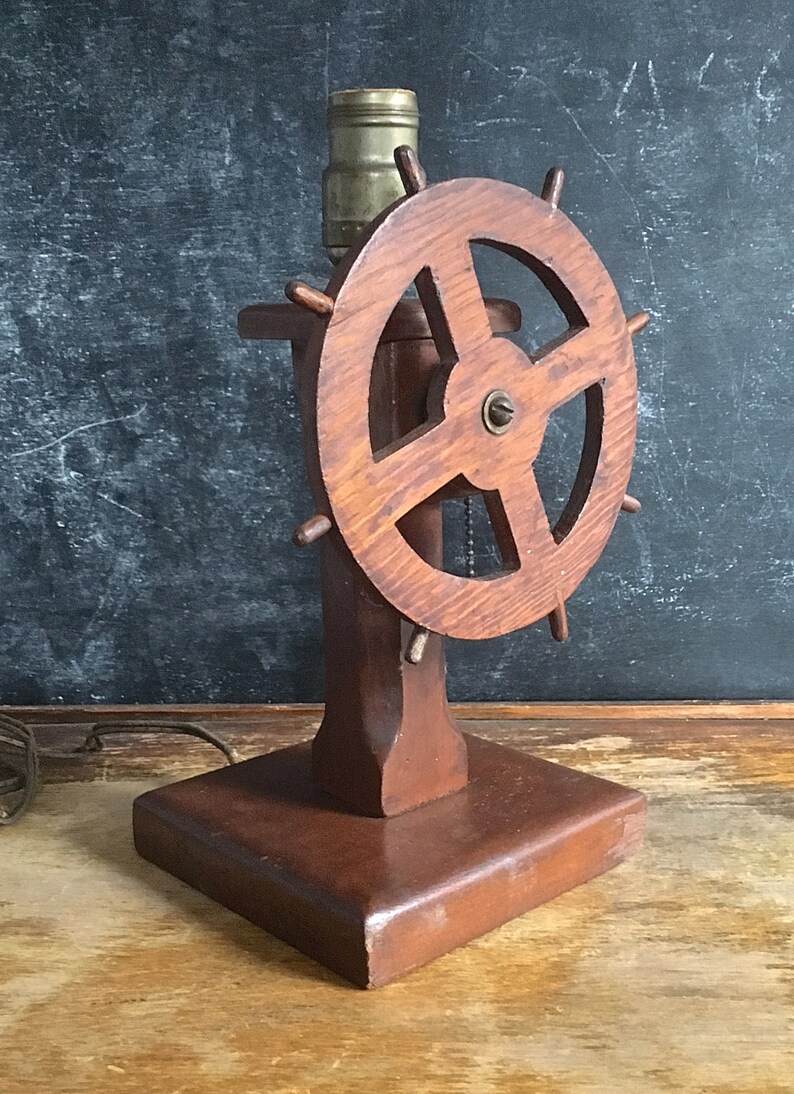 Vintage Nautical Lamp Wood Boat Ship Steering Wheel Home Made Etsy