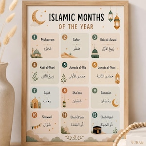 Op de afbeelding: Een ingelijste print met de titel "Islamic Months of the Year". Het ontwerp toont genummerde maanden met Arabisch schrift en illustraties van moskeeën, lantaarns en een maan. De achtergrond is beige en de lijst is lichtbruin.