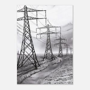 Op de afbeelding: Zwart-wit illustratie van hoogspanningsmasten in een landschap. De afbeelding toont een reeks hoge metalen constructies die elektriciteitsleidingen dragen, met een pad en een figuur in de verte. De stijl is een pentekening.