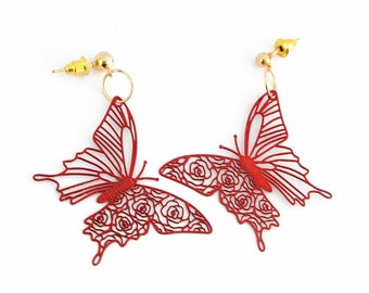 Red delicate Butterfly stainless steel studs, long dangle earrings