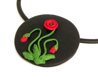 Red Poppy necklace, ceramic in black with red flowers, unique polymer clay, handmade fimo, flower pendant, modern jewelry, rubber necklace