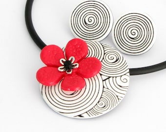 Red Flower on black, white handmade unique polymer clay, modern flower pendant on rubber necklace, handmade fimo, ceramic jewelry, Bib