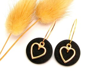 Handmade modern heart hoop earrings from polymer clay, dangle ceramic earrings in gold colour and black