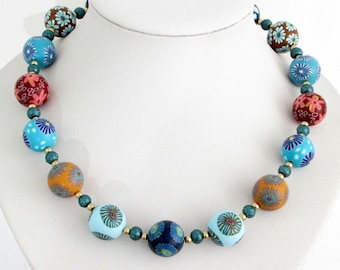 Big handmade turquoise blue bead necklace, unique polymer clay and lampwork beads, big uniqueround flowerbeads