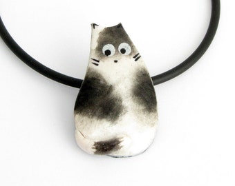Tuxedo cat handpainted necklace from handmade unique polymer clay jewelry, ceramic cat necklace, modern statment