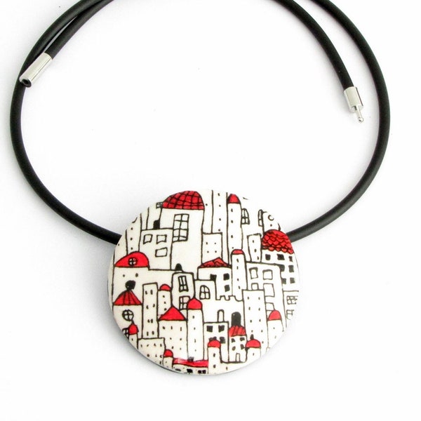 City necklace in black, red, white, unique polymer clay, houses Bib necklace, ceramic jewelry, handmade fimo necklace, polymer clay jewelry