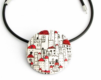 City necklace in black, red, white, unique polymer clay, houses Bib necklace, ceramic jewelry, handmade fimo necklace, polymer clay jewelry