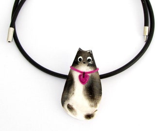 Black white tuxedo cat with pink heart handpainted necklace from handmade unique polymer clay jewelry, ceramic cat necklace, modern statment