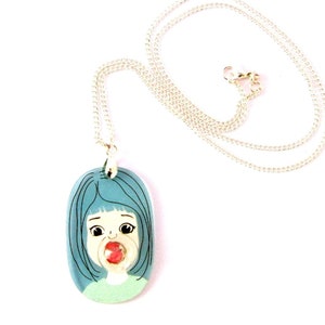 Bubble Gum Girlface funky comic acryl silver necklace, big tourquoise red woman image 1