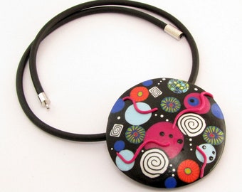 Modern statement colorful round necklace, unique polymer clay jewellery, big ceramic necklace