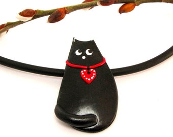 Black cat with red heart handpainted necklace from handmade unique polymer clay jewelry, ceramic cat necklace, modern statment