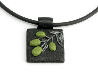 Olivenzweig Halskette aus Polymer Clay handgefertigt in grün schwarz, moderne Keramikkette