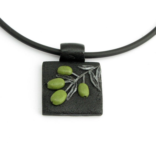 Olivenzweig Halskette aus Polymer Clay handgefertigt in grün schwarz, moderne Keramikkette