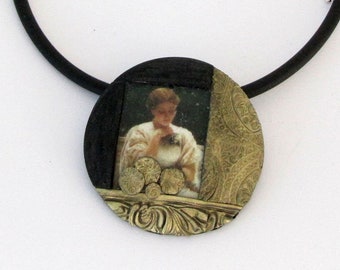 Boho Woman polymer clay necklace in black and gold, unique polymer clay, handmade necklace, vintage ceramic jewelry, gothic, shabby picture