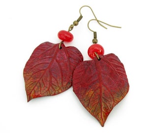 Handmade red leaf earring from polymer clay and lampwork, long boho natur earring