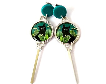 Handmade long Cat earrings with stailess steel studs, dangle black kitty earring in the garden in black and turquoise