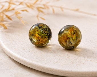 Green yellow lichen stud earrings with stainless steel earstud