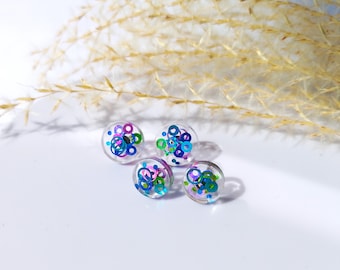 Mini round colorful sequins stud resin earrings, handmade stainless steel earstud with glitter in turqouise, green blue purple