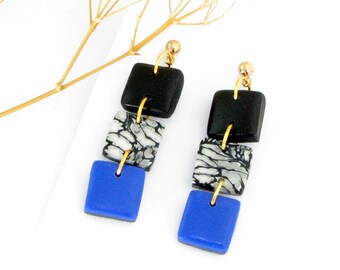 Modern square blue terrazzo black earrings, stainless steel earstuds with handmade polymer clay geometric design