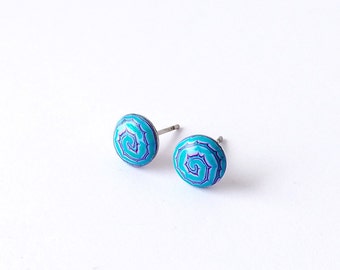 Mini round skyblue Stud Earrings with handmade polymer clay spiral design
