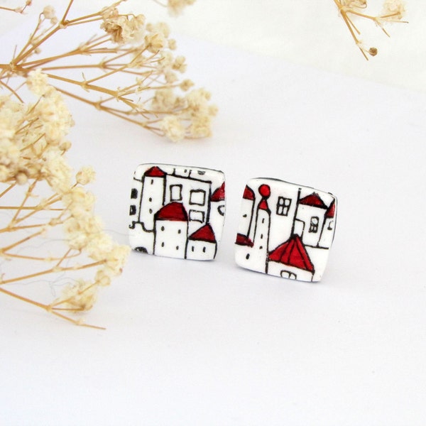 Square House earring, handmade earclip from polymer clay, fimo jewelry in black and white red ceramic